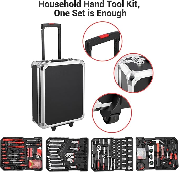 800-Piece Tool Kit with Aluminum Trolley Case, Mechanics Socket Set with Wrenches & Complete Hand Tools, Portable Repair Tool Box for Home, Auto, DIY & Garden Maintenance