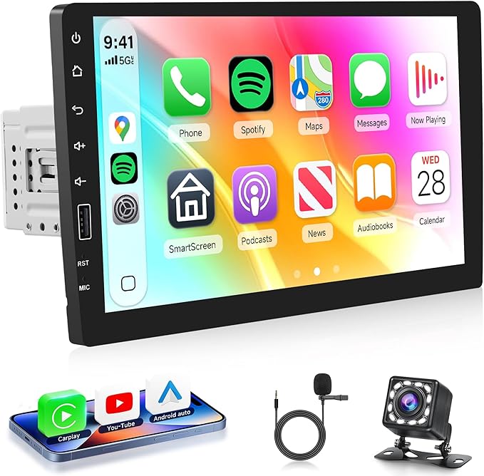 Single Din Radio 9 Inch IPS Touchscreen Car Stereo, Wireless CarPlay Android Auto, 1 Din CarPlay Radio Bluetooth, FM/AM/RDS, You-Tube Video, EQ, SWC, Backup Camera