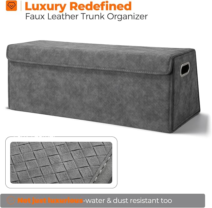 Fyzeoty Car Trunk Organizer for SUV and Sedan, Trapezoidal-Grey, 29.5 in | Tailored for Rear Seats, Silky Crosshatch Vegan Leather, XL, Magnetic Lid, Collapsible & Adjustable, Water‑Dust Resist