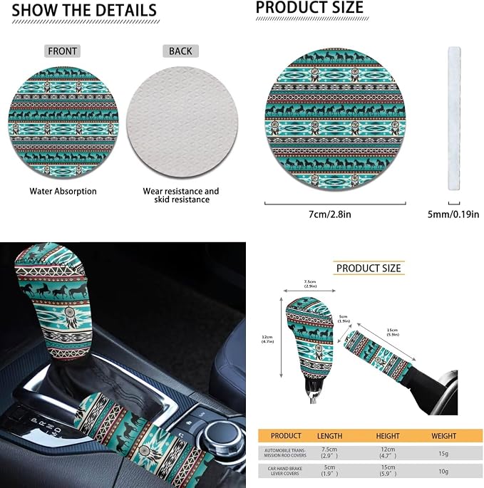 Dreaweet Aztec Car Seat Covers Full Set Native American Dreamcatcher and Horse Seat Covers with Steering Wheel Cover,Armrest Pads,Seat Belt Pads,Coasters,Gear Shift & Handbrake Cover,Universal Fit
