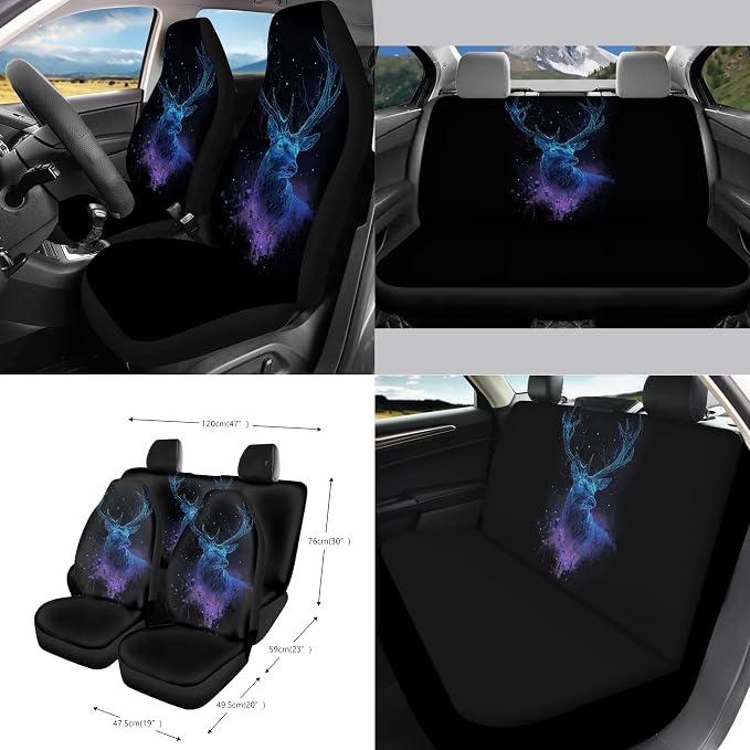 Galaxy Deer Print Car Accessories Full Set of 15 Car Seat Covers Seatbelt Strap Covers Steering Wheel Cover Air Vent Storage Bag Rearview Mirror Cover Cup Holder Key Chain Car Decor