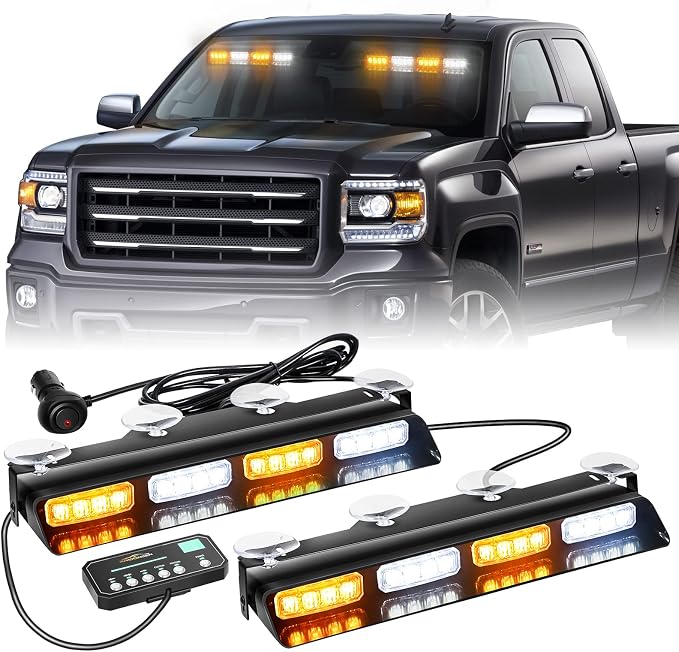 XRIDONSEN Amber White Emergency Dash Strobe Lights & 37 inch 104 LED Roof Top Strobe Light Bar Traffic Advisor Lights for Plow Tow Trucks Construction Vehicles