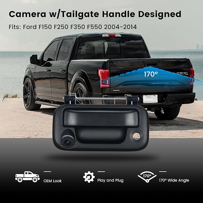 Dasaita Tailgate Handle Reverse Camera for Ford F150 250 350 550 2004-2014, Only Fit 1080P Navigation, Real AHD 1080P Rear View Camera Backup Camera with Wiring Harness/170° Wide Angle/IP68 Waterproof