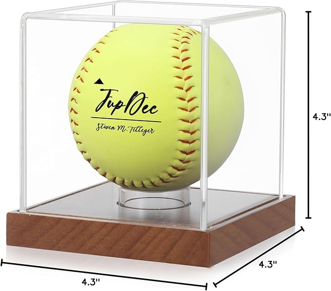 JupDec Softball Display Case Clear Acrylic Ball Holder, UV Protected Cube with Wood Base Stand, Championship Sports Collections Box Showcase