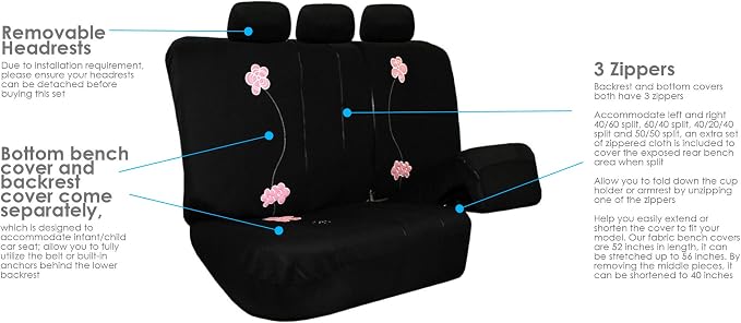 FH Group Car Seat Covers Floral Seat Covers Full Set – Universal Fit for Cars Trucks & SUVs (Black) FB053115 + F11306