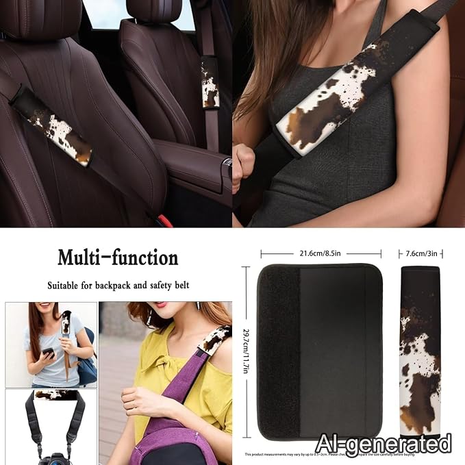 Brown Cow Print Automobile Seat Cover Set 12 Pcs Car Center Console Cover Steering Wheel Cover Auto Seat Belt Cover Decor Accessories Compatible with Most Cars,SUV