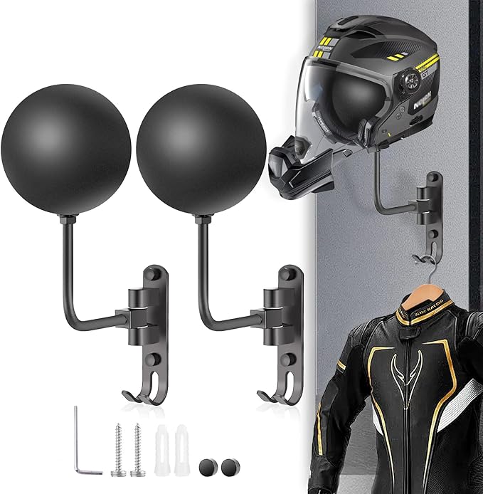 Motorcycle Helmet Holder Wall Mount 180 Degree Rotation Metal Bike Helmet Rack Mount Bicycle Helmet Display Stand Hanger with 2 Hooks Accessories for Motorcycle Bike Baseball Rugby - Gray, 2 Pcs