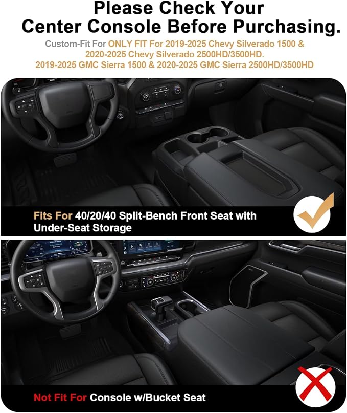 Center Console Tray For 2019-2026 Chevy Silverado/GMC Sierra 1500 & 2020-2026 Silverado/Sierra 2500 HD/3500 HD - Double Layer Storage Tray With Removable Cup Holder - Only Fit Split-Bench Front Seat