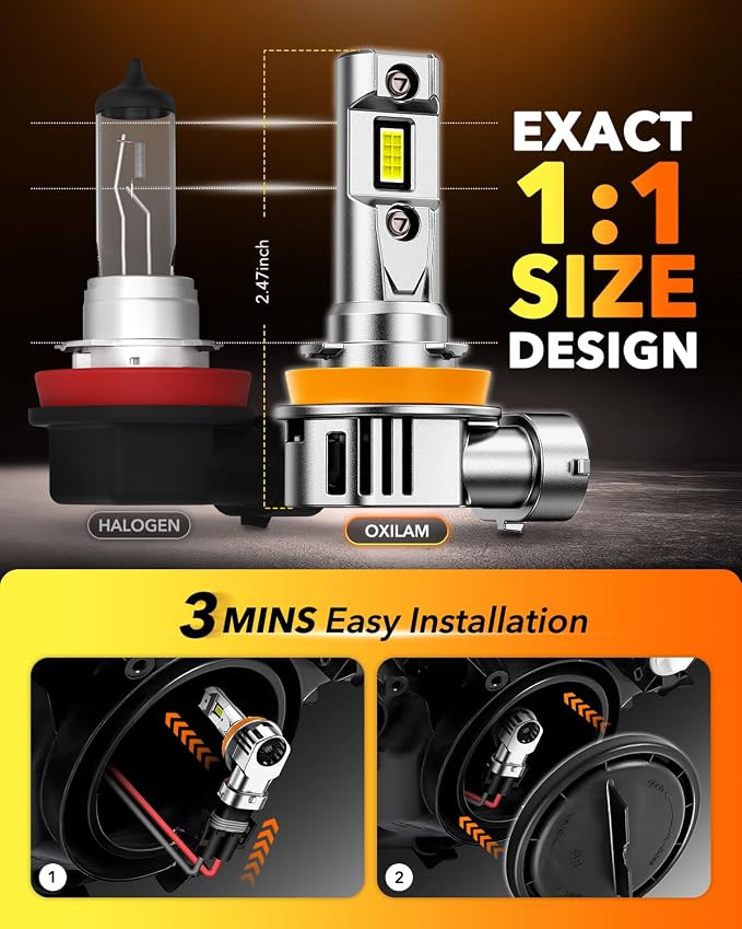 OXILAM New H11 LED Bulb 44000LM 10X Ultra-Brightness, 3 Min Quick Installation, 60000H Longer Lifespan Driving Light, IP68 Waterproof, No Flicker, 99% Compatibility, 2Pcs