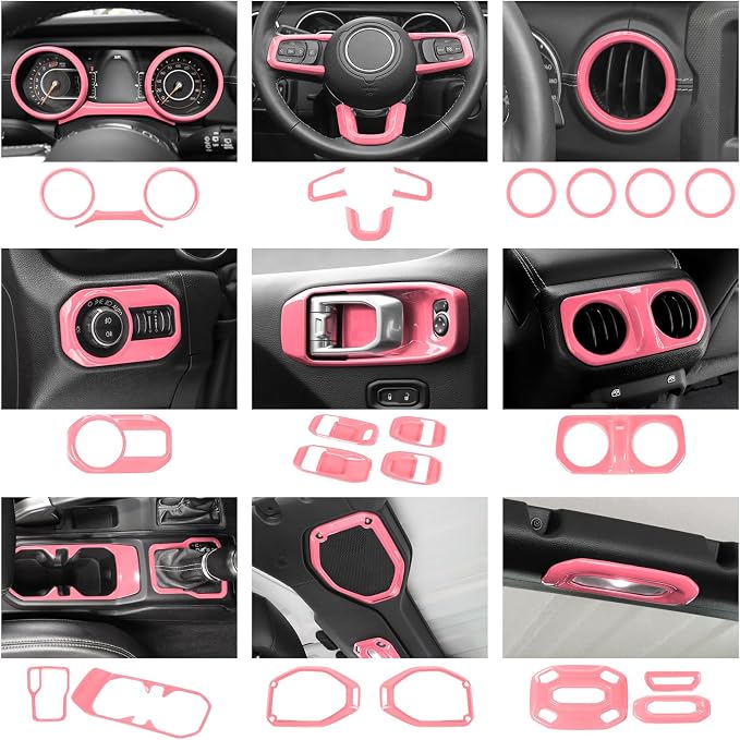 23pcs Full Set Interior Trim Kit for Jeep Wrangler JL JLU Gladiator JT 2018-2023 Steering Wheel Door Handle Air Conditioning Vent Cup Holder Reading Light Headlight Gear Cover, Pink