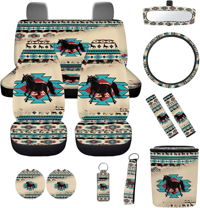 Car Seat Covers Set 12 Pieces Aztec African Tribal Horse Seat Belt Pad Cover Steering Wheel Cover Car Trash Can Rear View Mirror Cover Coasters Keychain Holder Keychains
