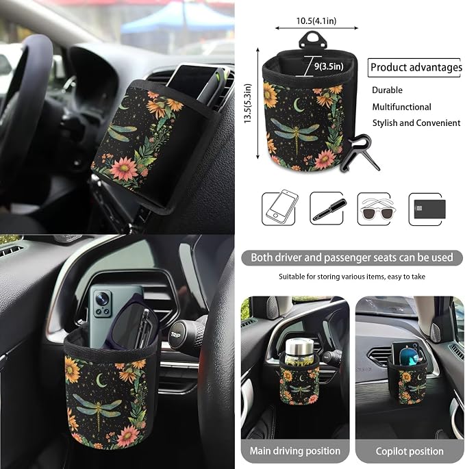 Flower Dragonfly Moon Print Car Seat Cover Set 15 PCS, with Steering Wheel Cover Seat Belt Pad Garbage Bag Air Vent Pocket Rearview Mirror Cover for SUV Trucks Vans Sedans