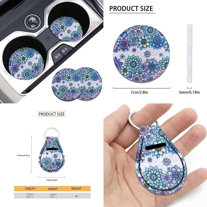 Suobstales Boho Mandala Print Car Seat Cover for Women Men Full Set SUV Interior Accessories Front/Back Bench Bucket Seat Cover,Steering Wheel Cover,Seat Belt Cover,Cup Holder Coasters,Keychain