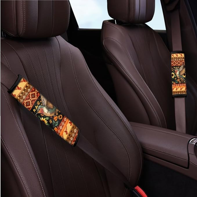 BIGCARJOB 12 Pcs Sunflower Car Seat Covers Full Set for Women Interior Accessories Auto Seat Protector Set Tribal Hummingbird Print Armrest Cushion,Seat Belt Pads,Steering Wheel Covers