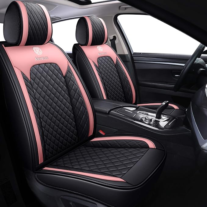 Aierxuan Girly Car Seat Covers for Women Gilrs Front Seat Leather Waterproof Universal Fit for Jeep Ford Edge Hyundai Azera Kona Rav4 Corolla Camry Prius Acura (2 PCS Front, Black-Pink)