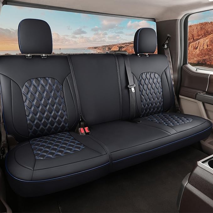 Huidasource Fit for Chevy Silverado/GMC Sierra Rear Seat Cover, Thickened Split Nappa Leather Truck Back Seat Covers 2007-2013&2019-2025 1500, 2020-2025 2500HD 3500HD Crew Cab WT LS LT, Black＆Blue
