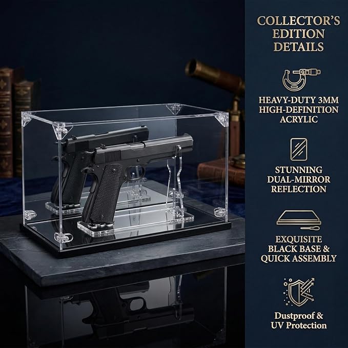 Premium Acrylic Pistol Display Case with Dual Mirrors - UV Protection & Dustproof Handgun Showcase with Adjustable Stand & Sleek Black Base, Universal Fit for Most Pistol Models (11.6x4.5x7 Inch)