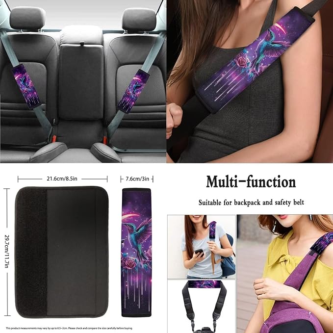 8 Pcs Moon Hummingbird Car Seat Covers Full Set Car Accessories for Women Front Seat Cover Steering Wheel Armrest Cover Seat Belt Cover for Auto SUV Interior Decoration