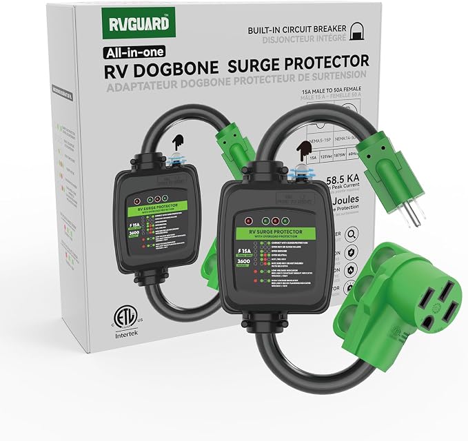 RVGUARD Surge Protector 50 Amp to 110 Volt RV Adapter Cord with Overload Protection, NEMA 5-15P to NEMA 14-50R Electrical Power Adapter, 2 Feet, Green, ETL Listed