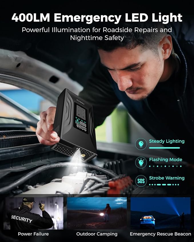 ASMAX T20 7-in-1 Portable Jump Starter with Air Compressor, 3000A Car Battery Booster with Smart Battery Clamps, 12V Jump Box for 9.0L Gas/6.5L Diesel Engines, 150PSI Auto-Shutoff Tire Inflator