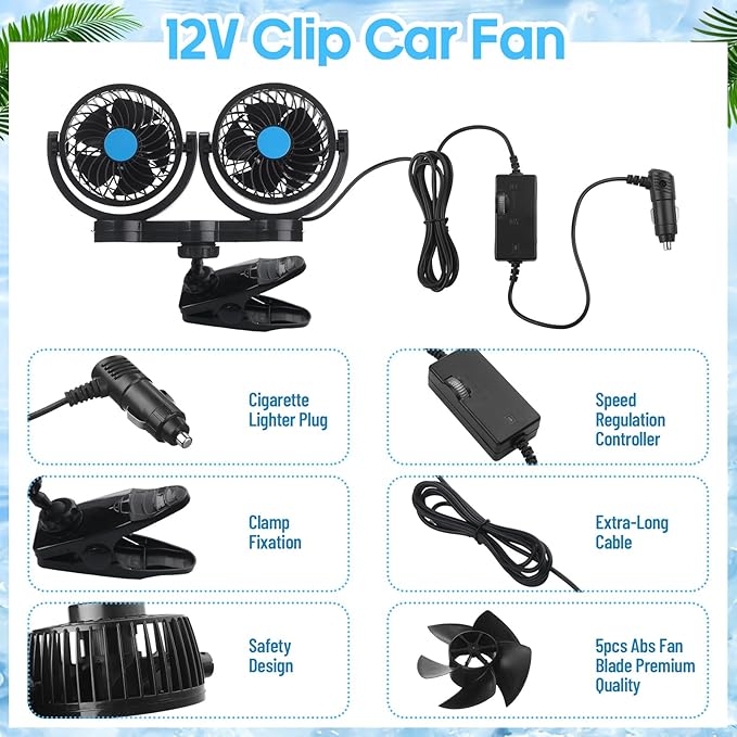 Tujoe 2 Sets 12v Car Fan Adjustable Dual Head Fan for Front Rear Seat 360° Rotatable Car Clip Fan Cooling Car Seat Fan with Stepless Speed Regulation and Cigarette Lighter Plug for Vehicles Suv Rv