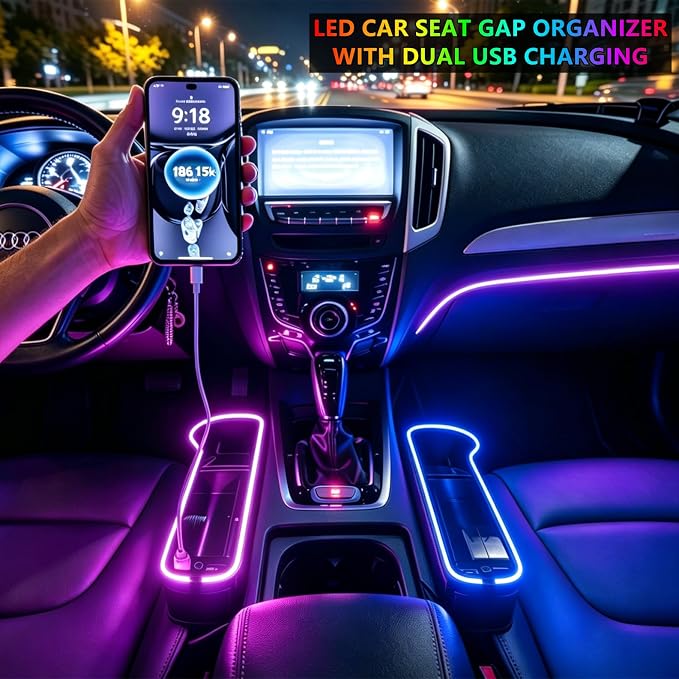 2 Pack Car Seat Gap Organizer,Multifunctional Seat Gap Storage Box with USB Fast Charger, Car Seat Pockets with Led Light, Car Seat Gap Filler with Cup Holder (Black)
