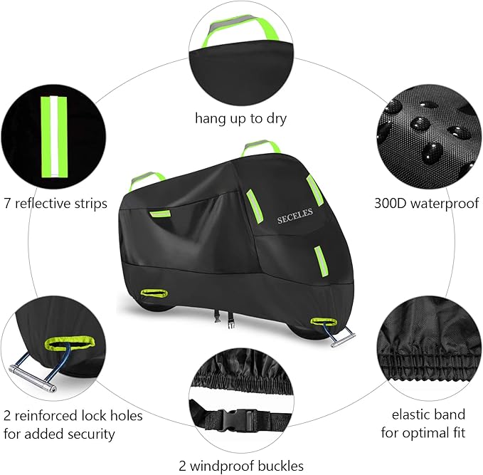 SECELES 300D Motorcycle Cover, Heavy Duty Durable Waterproof Outdoor All Season Protection Scooter Cover with 7 Reflective Strips and 2 Lock-Holes Accesorios para Motos (XXL: 86" x 37" x 50")