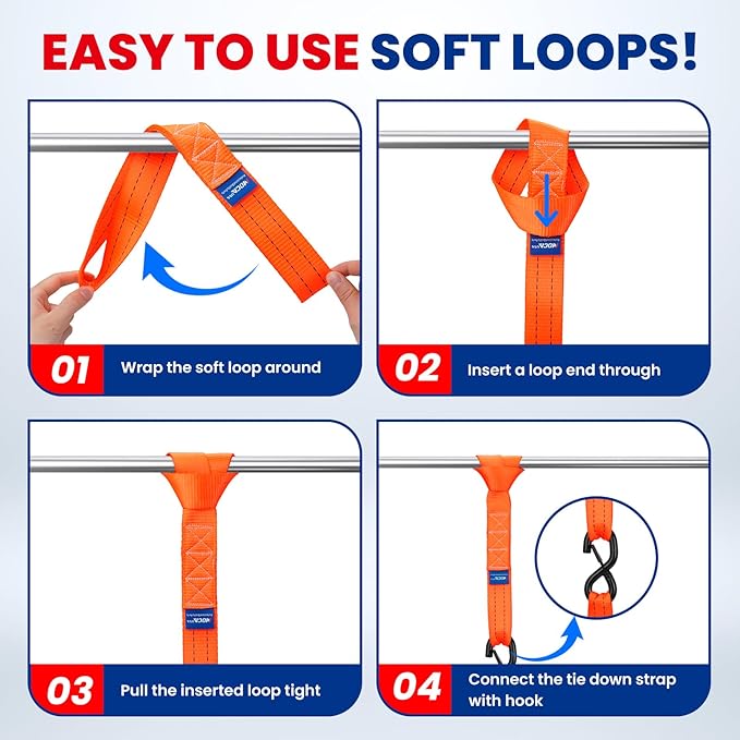 MOCA Orange Heavy Duty Ratchet Tie Down Straps - 5200 Lbs Breaking Strength 1.6" x 8', Includes 4 Heavy Duty Ratchet Padded Handles & Coated Chromoly S Hooks & 4 Soft Loop Tie-Downs