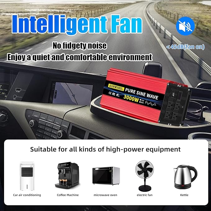 SUNWHEEL 3000W 24V Pure Sine Wave Inverter, 24V DC to 110V/120V AC Power Inverter for RV、Off Grid、Truck、Power Outage with 4 AC outlets and LCD Display