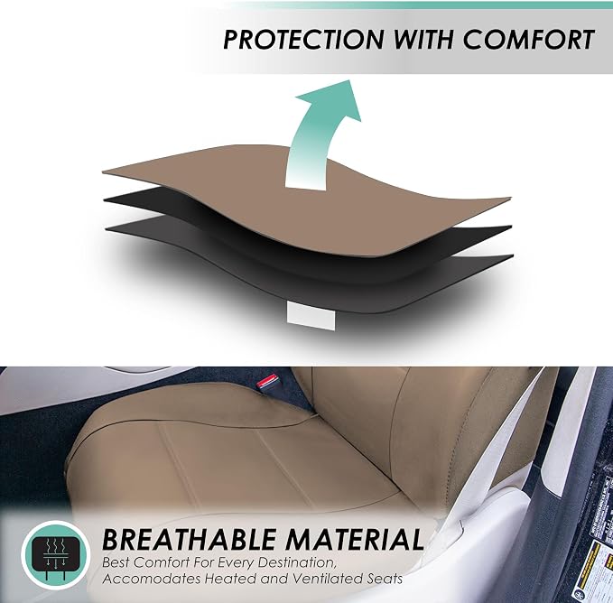 FH Group Car Seat Cover Airbag Compatible Full Set Beige Premium PU Leather - Split Bench Combo Vinyl Floor Mats Seat Covers Interior Accessories Universal Fit for Cars Trucks SUV