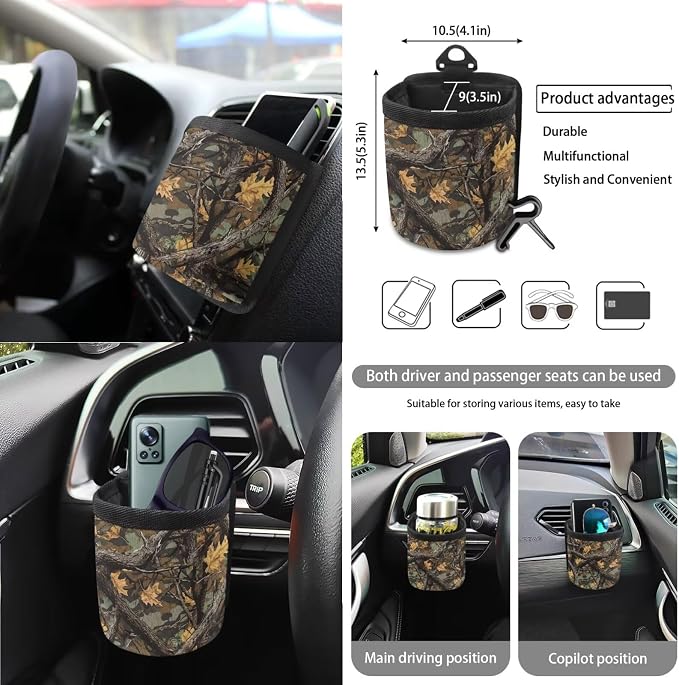 Hunting Camo Pattern Auto Interior Set of 15, Full Set Seat Covers for Cars Steering Wheel Cover Seatbelt Cushion Air Outlet Storage Bag Trash Can Cup Coasters Keychain