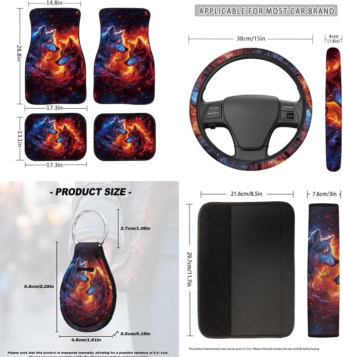 18 Pcs Flame Wolf Print Car Seat Covers Full Set Car Accessories Set Auto Steering Wheel Cover Floor Mats Armrest Pad Covers Seat Belt Pads Handle Wraps Cup Coaster Keychain