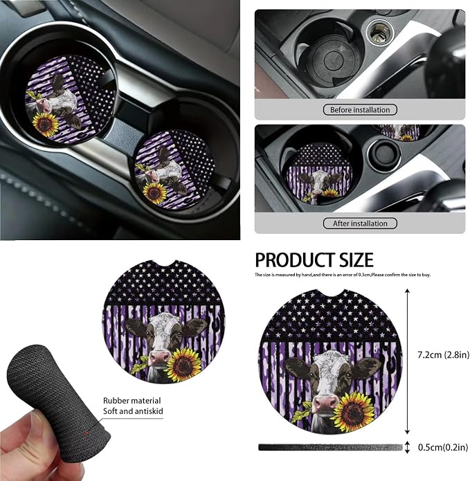 Cow Sunflower Camo American Flag Pattern Car Seat Cover Full Set, 13 PCS Car Accessories with 1 Soft Steering Wheel Cover, 4 Safe Belt Cover, 4 PCS Coasters as Gift for Family and Friend