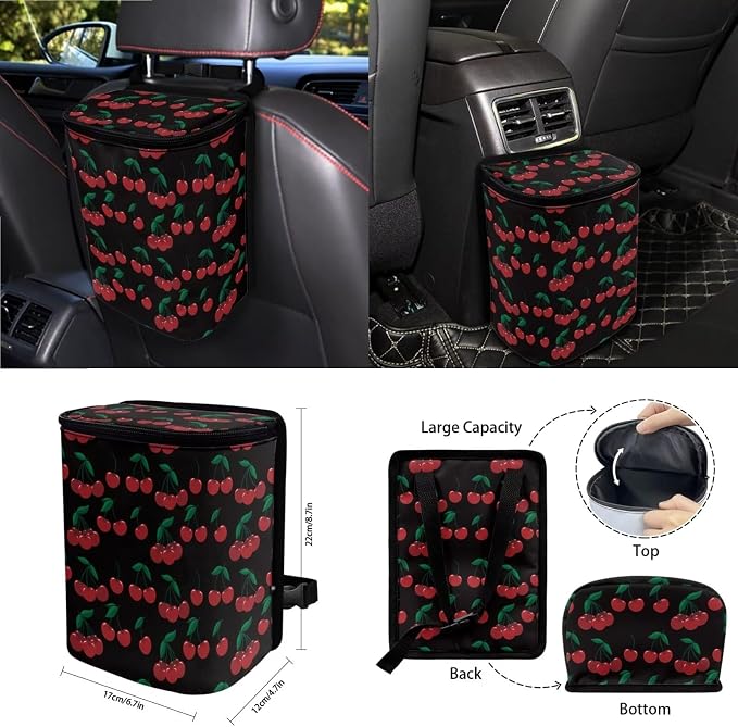 Wanyint Cherry Black 15 Pcs Car Seat Cover Full Set with Auto Steering Wheel Cover Seat Belt Strap Pads Cup Coasters Trash Bag Air Vent Storage Bag Rearview Mirror Cover Keychain Auto Interior Decor