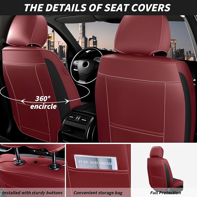 Arazi Fit for 90% of Mercedes-Benz Seat Covers, 360° Full Wrap Original Seat Cover, Waterproof Nappa Leather Seat Covers with Big Space Storage Pocket Seat Protector（2 Seats Standard, Black&Red）