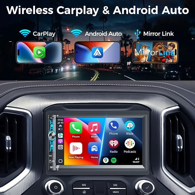 7" Double Din Car Stereo with Wireless Apple CarPlay & Android Auto, Bluetooth, 240W Output, SWC, Dual Subwoofer Support, Mirror Link, FM/AM Radio Receiver, USB-C/AUX/TF Ports,Backup Camera