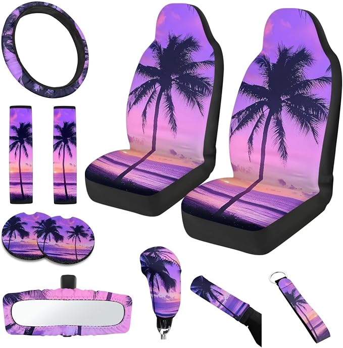 Palm Tree Sunset 11 Pieces Car Seat Covers Car Seat Belt Cover Steering Wheel Cover Gear Lever Cover Hand Brake Cover Keychain Holder Universal Fit for Most Cars,SUVs