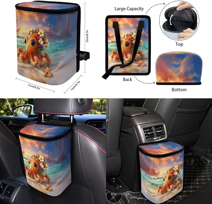 Forchrinse Octopus Car Accessories Set for Men Women 15pcs Car Front Back Seat Covers,Steering Wheel Cover,Seat Belt Pads Gear Shift Knob Handbrake Cover Cup Holder Trash Can