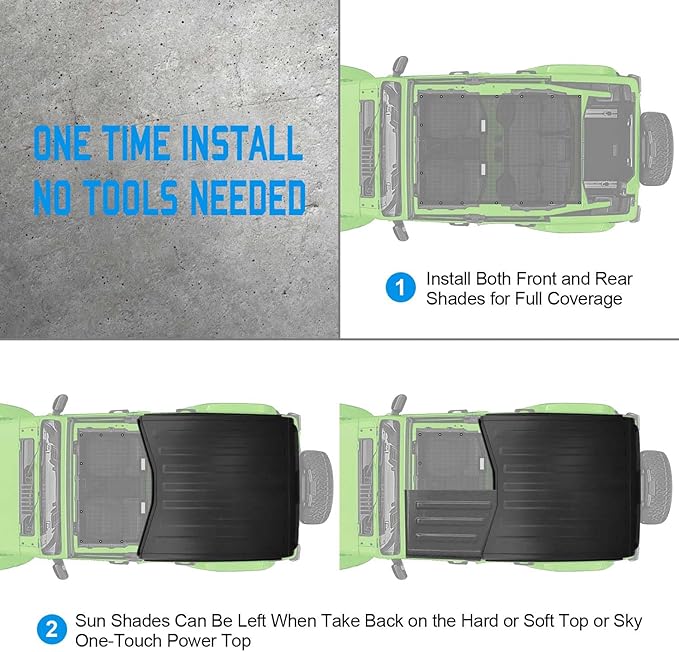 JL Top Sun Shade Roof Compatible with Jeep Wrangler 2 or 4 Door 2018 to 2023 Sunshade Sunroof Cover Blocks UV Wind Noise Gray Mesh for Full Length