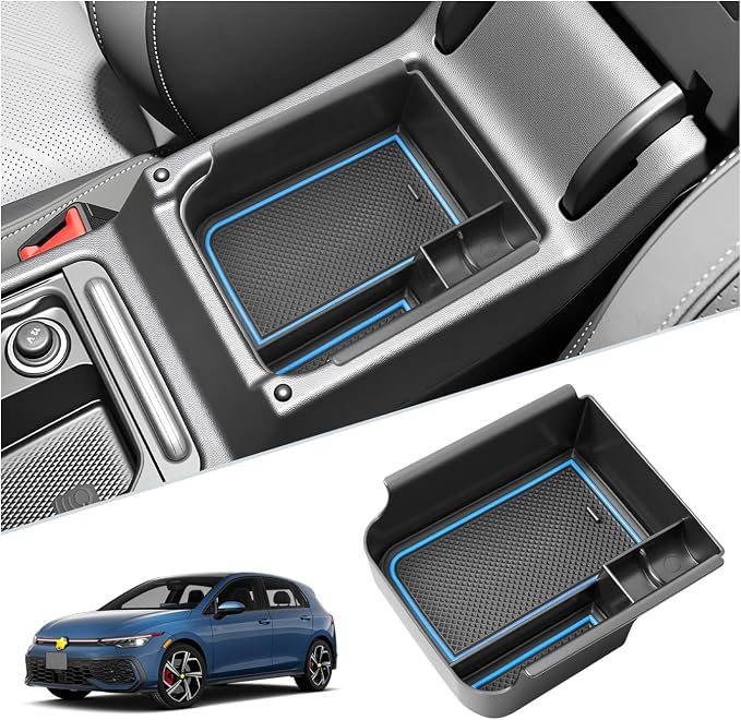 SKTU for 2025 2026 VW Golf Accessories Center Console Organizer for 2025 2026 Volkswagen Golf Console Tray 2025 2026 Golf ABS Durable Console Organizer with Coin Holder (Blue)