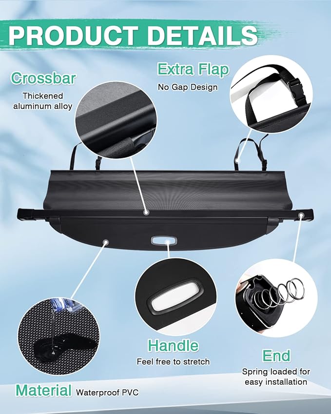 Powerty Retractable Cargo Cover for 2016-2020 Kia Sorento, Canvas Texture Trunk Cover Privacy Screen Rear Security Shade for Sorento Accessories (with Extented Cover)