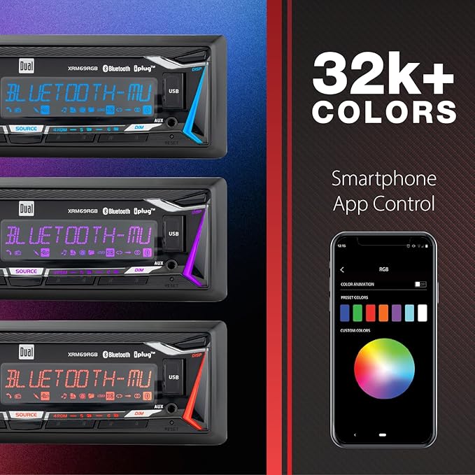 Dual Electronics XRM69RGB | 12-Character LCD Single DIN Car Stereo | RGB Custom Colors | Push to Talk Assistant | Bluetooth Hands Free Calling Music Streaming | AM/FM | USB Playback & Charging
