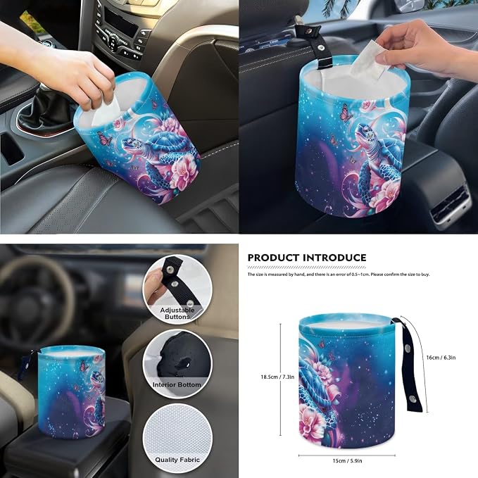 Floral Turtle 15Pcs Car Seat Cover Full Set Car Steering Wheel Cover Seat Belt Cover Trash Bin Front Rear View Mirror Car Cup Holder Keychain