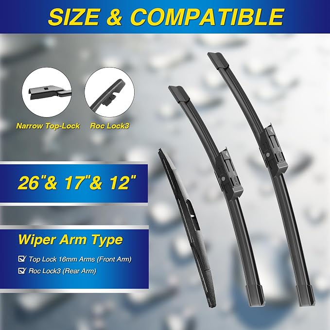 5 PLUS Silicone Windshield Wipers Replacement for 2025 2024 2023 Honda HRV Wiper Blades(3 PCS),Water Repellent Automotive Replacement Windshield Wiper Blades for My Car -26"/17"/12"