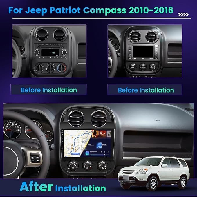 Hikity 4+64GB Android 15 Carplay Radio for Jeep Patriot Compass 2010-2016 with Wireless Carplay Android Auto, 10.1'' Touch Screen Stereo Support SIM Card GPS Bluetooth, EQ DSP, Backup Camera MIC
