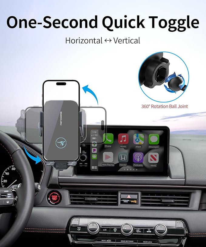 15W Wireless Fast Charger for 2023-2026 Honda Pilot Accessories 7/9 inch Screen Fixed Clip, Interior Decoration Mobile Phone Mount, 360° Rotation, Vehicle-Specific Custom Mount