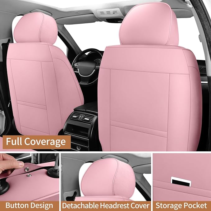 Pink Leather Car Seat Covers Front Seat Breathable Seat Protectors Waterproof Automotive Seat Covers Universal Fit for Most Cars SUVs Trucks Vehicles