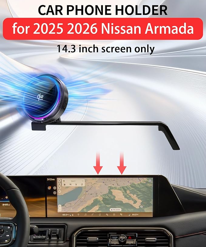 Qi2.2 25W Magnetic Car Mount Charger for 2025 2026 Nissan Armada Accessories, for Fast Charging Cell Phone Holder 14.3 Inch Screen Fixed Clip with Cooling Fan＆54W Fast Adapter