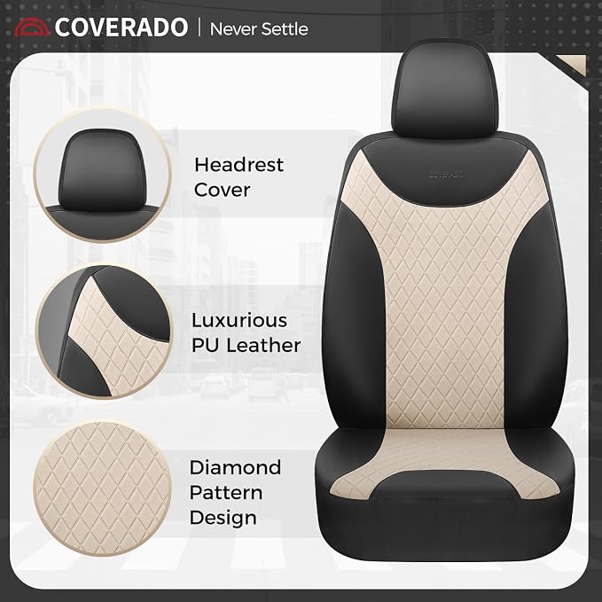 Coverado Car Seat Covers Full Set, Leather Seat Covers for Cars, Waterproof Car Seat Protectors, Front and Back Seat Covers Car Seat Cushions Universal Fit for Most Sedans, SUV, Trucks, Black & Beige