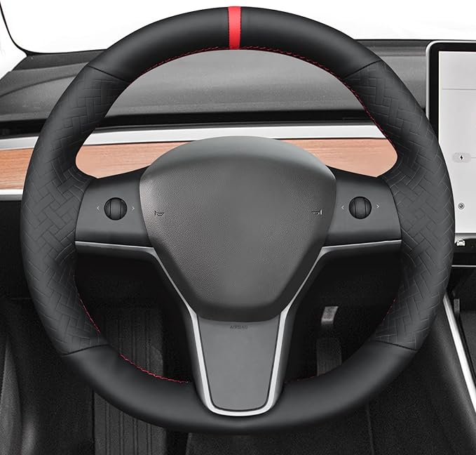 MEWANT Hand Stitch Black Woven Embossed Artificial Leather Steering Wheel Cover for Tesla Model Y 2023 Model 3 2017-2023